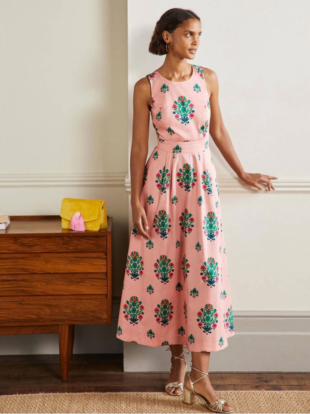 Boden Elsa Milkshake Bouquet Stamp Print Size 20/22 Midi Dress - Picture 9 of 10